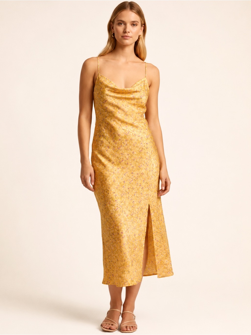 Timing Yellow Floral Y2K Cowl Neck Midi Slip Dress Size S